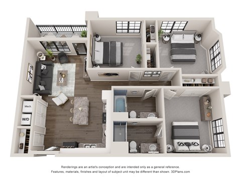 A 3D floor plan of a small apartment with a kitchen, living room, bedroom, and bathroom.